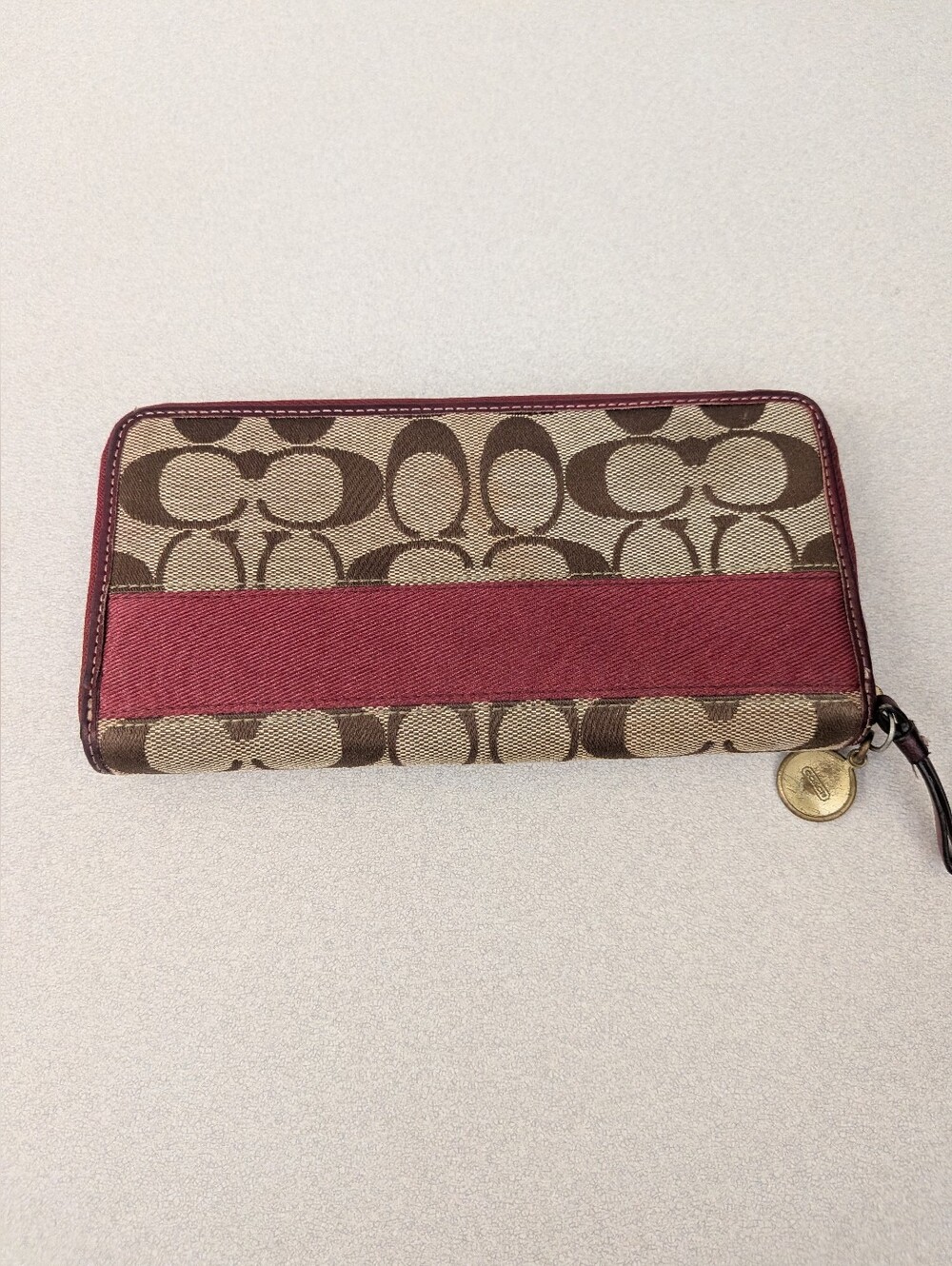 Coach Signature Canvas Zip Wallet in Brown and Red